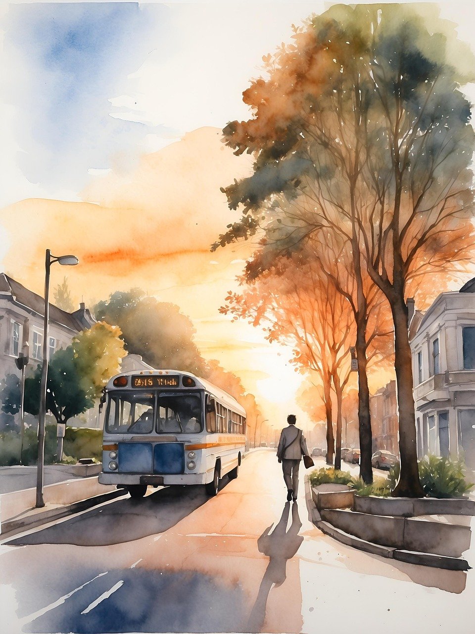bus, college student, trees, houses, city, nature, landscape
