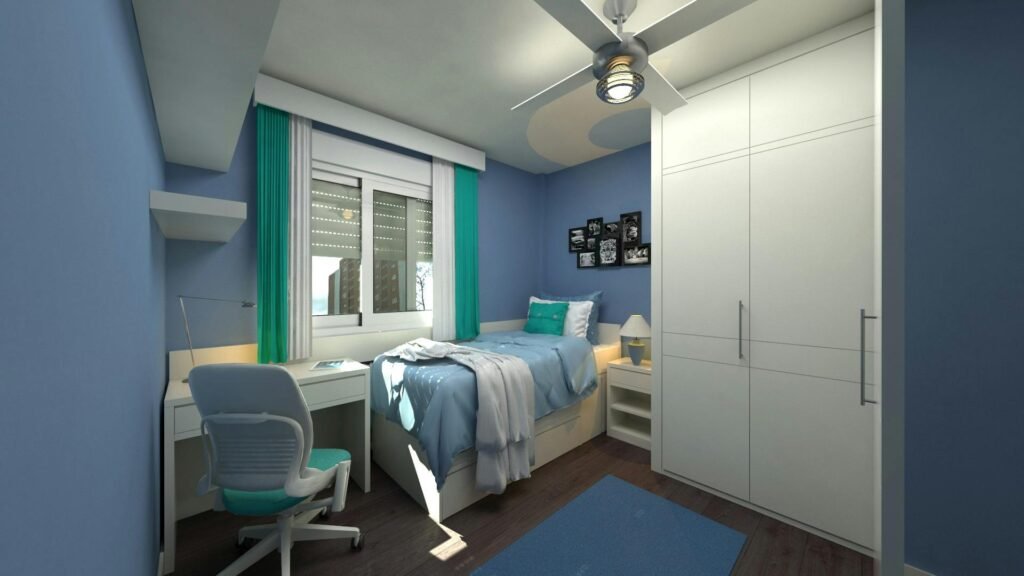 pexels photo 271695 271695 Contemporary bedroom decor with blue tones, modern furniture, and bright lighting.
