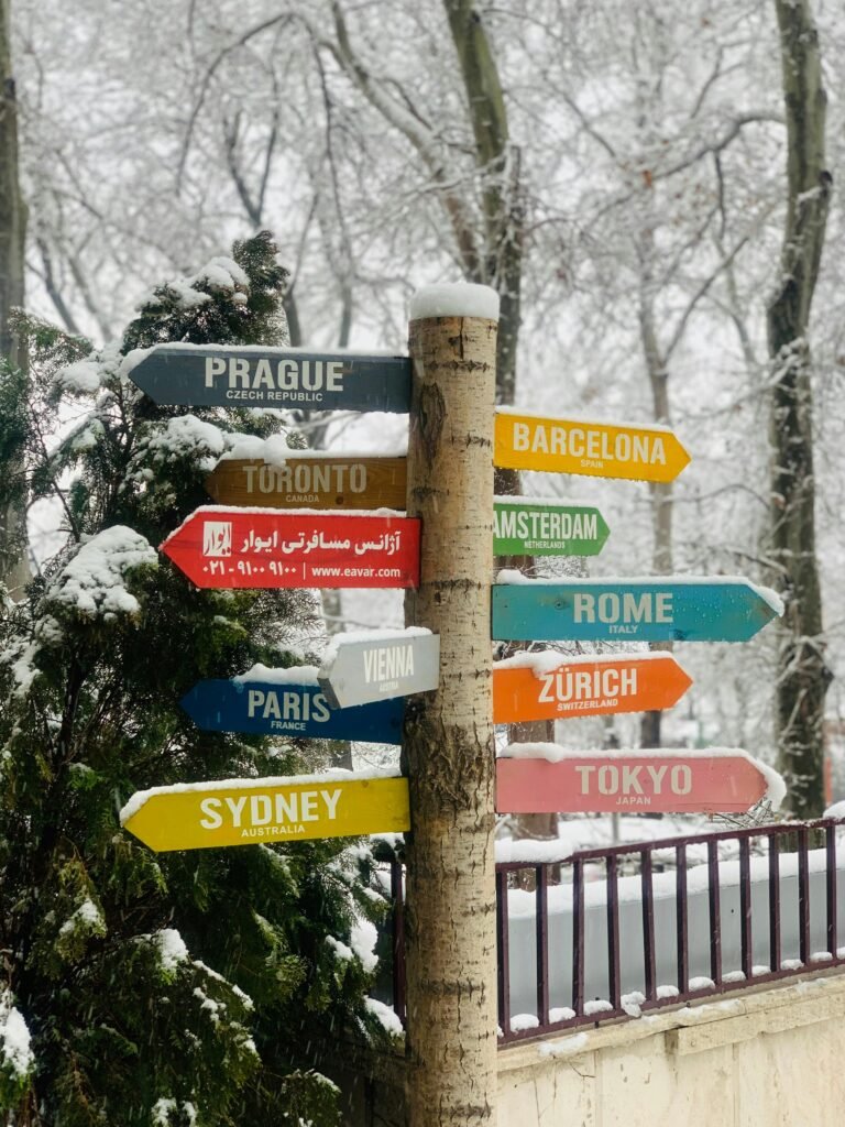 Colorful signpost displaying international city names against a snowy background. education